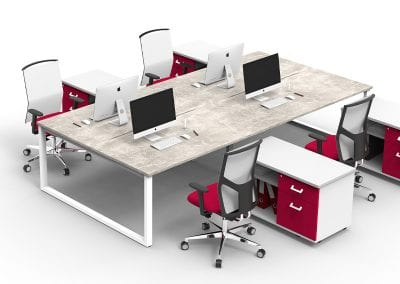 4 person back to back bench desks with beside desk wheeled storage units and designer swivel operator chairs