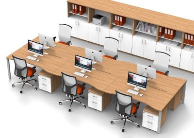 Wave front bench desks with matching 2 drawer pedestal units and storage units, with complimenting swivel operator chairs