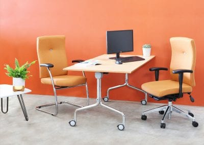 Boardroom chairs with options for fixed or swivel bases, fully adjustable, arm rests and lumbar support, flip top table and coffee table