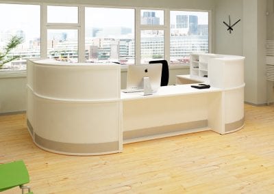 Modular white reception desk units and fully adjustable operators chair