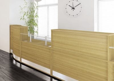Modular wood veneer reception desk units with meal trim