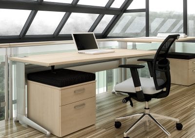 Height adjustable wave front beam desks with matching under desk 2 drawer pedestal units and mesh back operator chairs