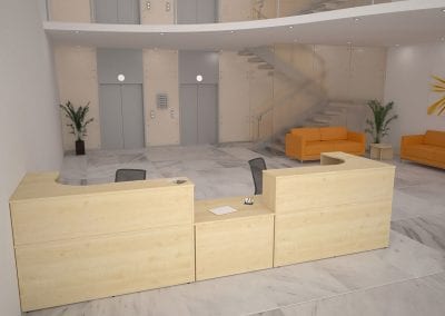 Modular wood veneer reception desk units, fully adjustable operators chairs and designer sofas