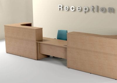 Modular wood veneer reception desk units and fully adjustable operator chair