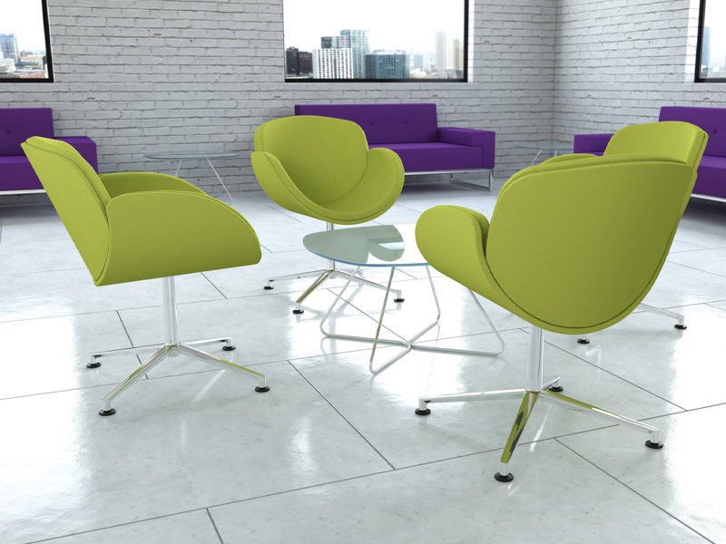 Designer lime green occasional chairs with chrome legs, glass top coffee table with chrome legs and purple block sofas