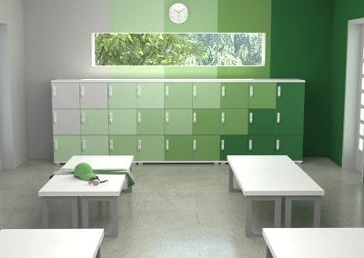 Bespoke coloured personal effects lockers shown in a variety of green colour shades, changing room bench seats and wall clock