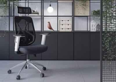 Black, white and chrome base executive chair with mesh back, arm rests and headrest