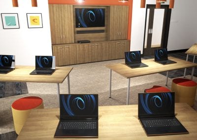 Wood effect training tables and stools positioned in front of a bespoke cabinet featuring storage cupboards and mounted display screen and speaker sound bar