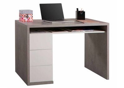 Designer home office desk with single drawer pedestal and under desk shelf