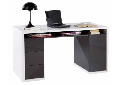 White double pedestal home office desk with drawers, cupboard and under desk shelf