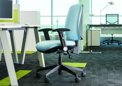 Adjustable operator task chair with swivel base and arm rests, designer beam desks with divider screens and 3 drawer pedestal units