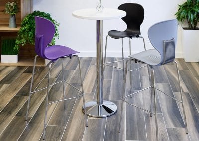 Photograph of three stools with different colour seats around a