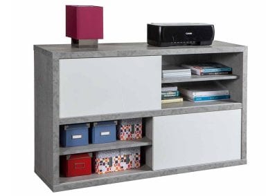 Modern designer storage cabinet with sliding door cupboards and shelves