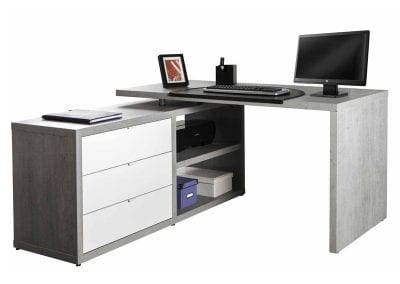 Modern designer corner home office desk with integrated side drawer and shelf unit