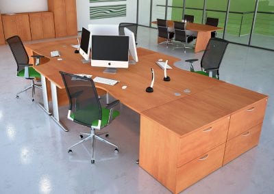 Wood effect desks with metal legs, integrated cable management, 2 drawer desk end units and mesh back operator chairs