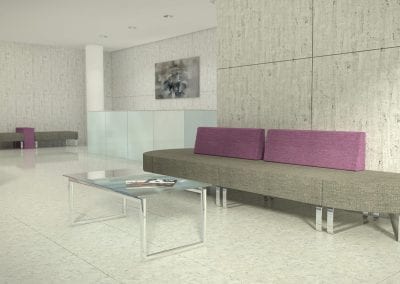 Pink and grey modular reception sofa with chrome feet and glass top coffee table with chrome frame legs