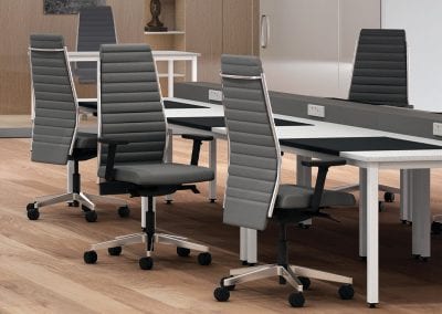 Futuristic high back executive chairs with designer beam desking and integrated cable and power management