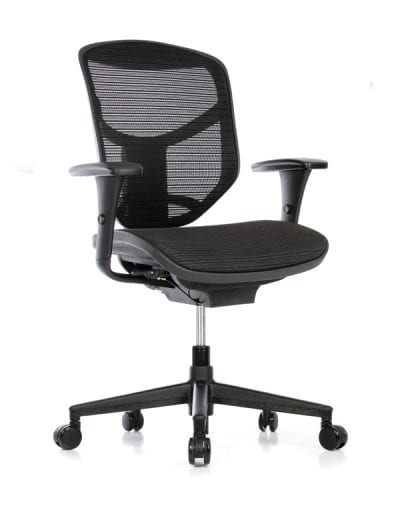 Black mesh task chair with adjustable height, back rest and arms
