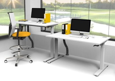 White sit or stand height adjustable desks with cable ports and fully adjustable operators chair