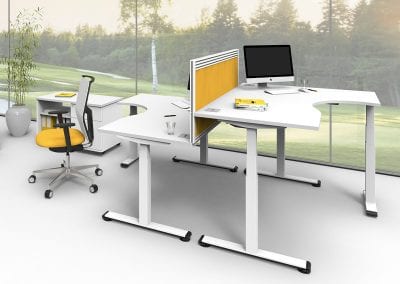 White sit or stand height adjustable desks with cable ports and desktop divider screens, matching drawer and shelf unit and fully adjustable operators chair