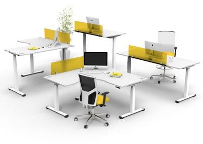 White sit or stand height adjustable desks with cable ports, desktop divider screens and fully adjustable operators chairs