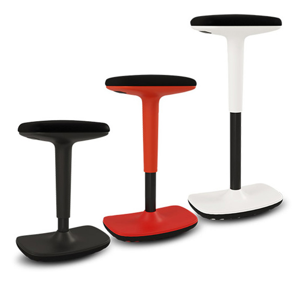 Photograph of three Rockit stools set at different heights, one red, one black and one white