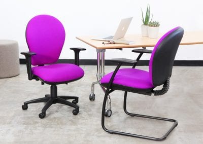 Fully adjustable operator task and meeting chairs with arms, flip top meeting table and occasional stool