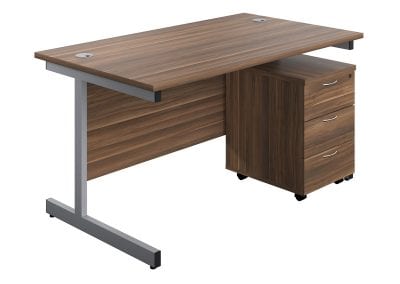 Wood effect contract desk with metal frame, modesty panel, cable ports and freestanding 3 drawer wheeled pedestal unit