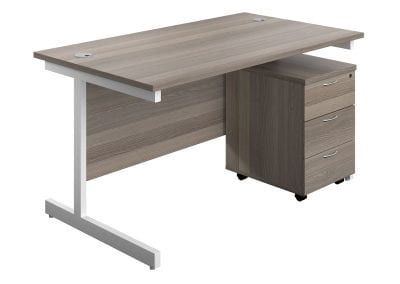 Wood effect contract desk with metal frame, modesty panel, cable ports and freestanding 3 drawer wheeled pedestal unit