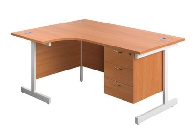 Wood effect contract desk with metal frame, modesty panels, cable ports and 3 drawer under desk fixed pedestal