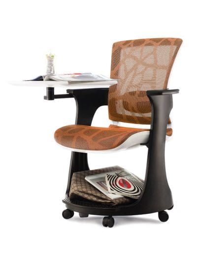 Wheeled conference or training room chair with under seat storage, multi position side mounted work tray and adjustable mesh fabric seat