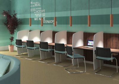 Call centre workstation desks with divider screens and chrome legged chairs