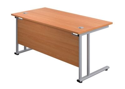 Wood effect contract desk with metal frame, modesty panel and cable ports