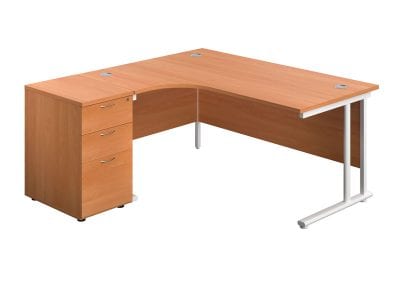Wood effect contract desk with metal legs and cable ports and freestanding 3 drawer pedestal unit