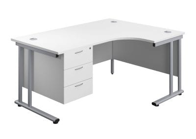 White contract desk with metal legs, cable ports and under desk fixed 3 drawer unit