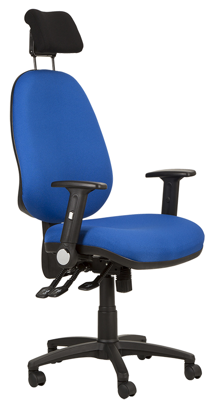 Photograph of the Tick Grande chair with blue fabric