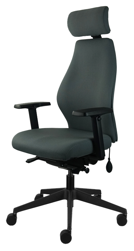 Photograph of the Tick Solution chair with dark grey fabric