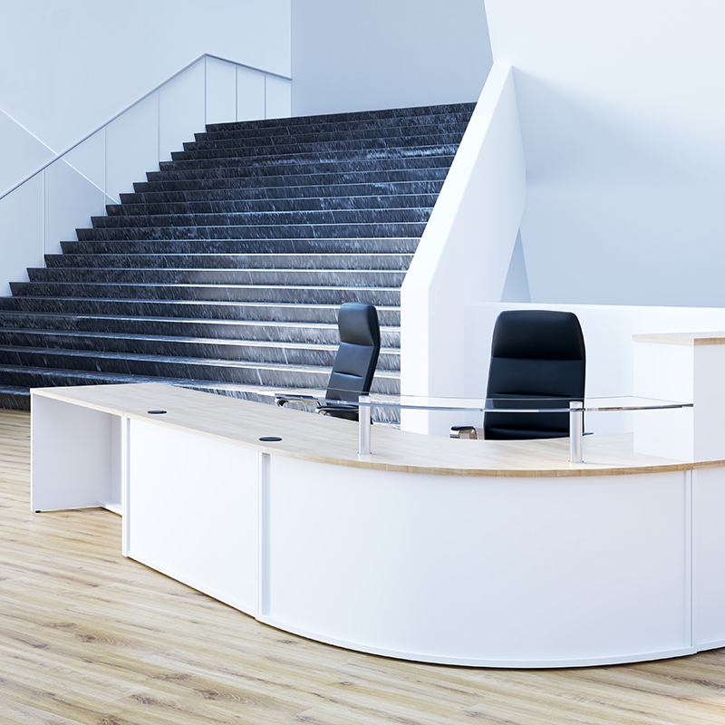 Tick Solutions Reception Desk Fade In Photograph of three Rockit stools set at different heights, one red, one black and one white