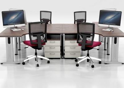 Dark wood effect beam desks with metal legs, 3 drawer under desk pedestal units and mesh back operator chairs