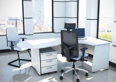 White executive desk, 3 drawer wheeled pedestal unit, executive swivel chair and matching meeting chair