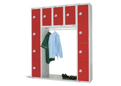 Metal personal storage lockers with an up and over configuration and open hanging rail