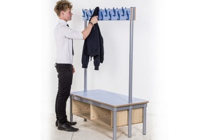 Freestanding double sided changing room bench with clothes hooks and under bench shoe storage
