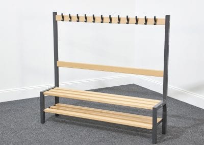 Freestanding single sided changing room bench with clothes hooks and under bench shoe storage