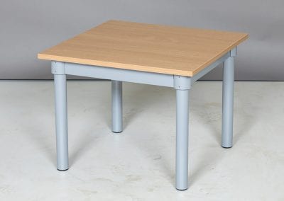 Square wood veneer coffee table with grey metal legs