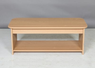 Round cornered rectangular wood veneer coffee table with shelf