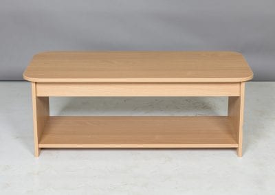 Round cornered rectangular wood veneer coffee table with shelf