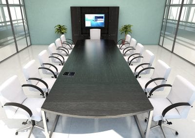Designer black and chrome legs boardroom table with white leather and chrome swivel boardroom chairs