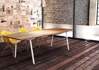 Large solid wood boardroom table with white metal legs and yellow moulded chairs