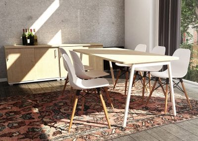 Wood veneer boardroom table with white metal legs and White Eiffel chairs with sliding door Credenza units