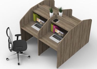 Staff room workstation unit with 4 individual desks, shelves and cable management